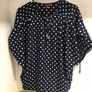 Vince Camuto Navy & White Polka Dot Keyhole Blouse